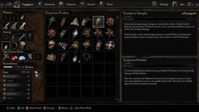 Menu showing the pendants available in Lords of the Fallen