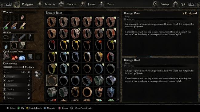 Menu showing the rings available in Lords of the Fallen